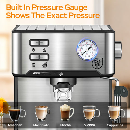 20 Bar Professional Espresso Machine With Milk Frother, Single & Double Shot, ESE Pod Compatible, Pressure Display - view 6