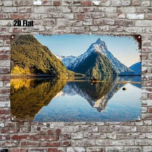 Vintage New Zealand Milford Sound Metal Sign 8x12in, Distressed Tin Landscape Wall Art