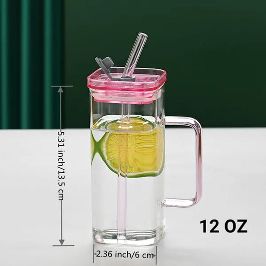 1 Pcs Pink Glass Straw Cup, 6 Colors Square Glass Cup With Straw And Lid, High Borosilicate Glass Cup, Milk Cup - view 2