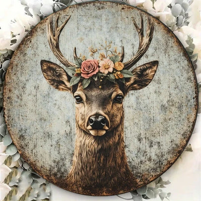 1pc 8x8in Vintage Deer Head Wreath Sign, Deer Head Wreath Sign, Wreath Sign, 2D Flat Round Aesthetic Antler Plaque