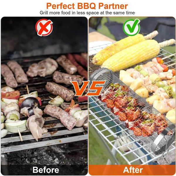 2Pcs 3.42x11.61Inch Portable BBQ Rolling Basket Round Stainless Steel Grill Mesh Barbecue Net Tube With Removable Cover - view 5