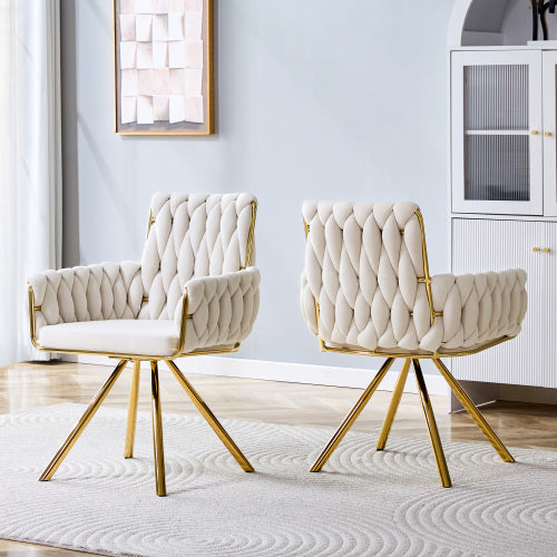 Set Of 2 Modern Luxury Velvet Braided Accent Dining Chair With Gold Metal Legs