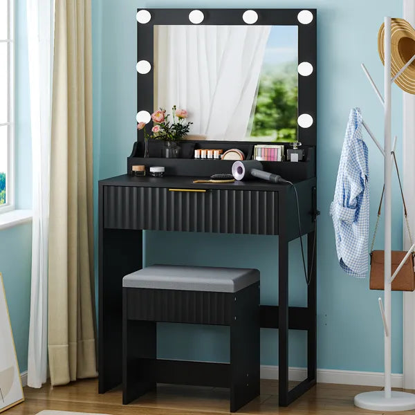Black Particleboard with a 3-compartment, 1-drawer Dressing Table Set with 8 Three-tone Light Bulbs, Power Strip