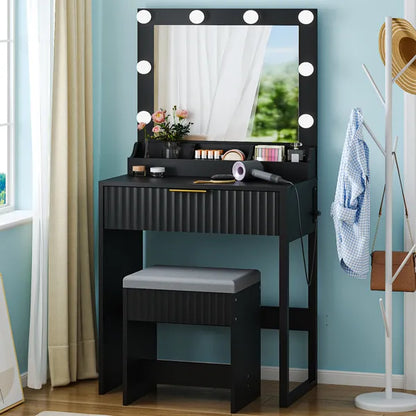 Black Particleboard with a 3-compartment, 1-drawer Dressing Table Set with 8 Three-tone Light Bulbs, Power Strip