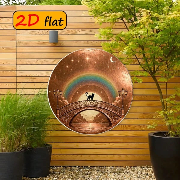 2D Flat Round Aluminum Sign 7.87x7.87 Inch, Black Cat On Arch Bridge With Rainbow Night Sky Stars - view 3