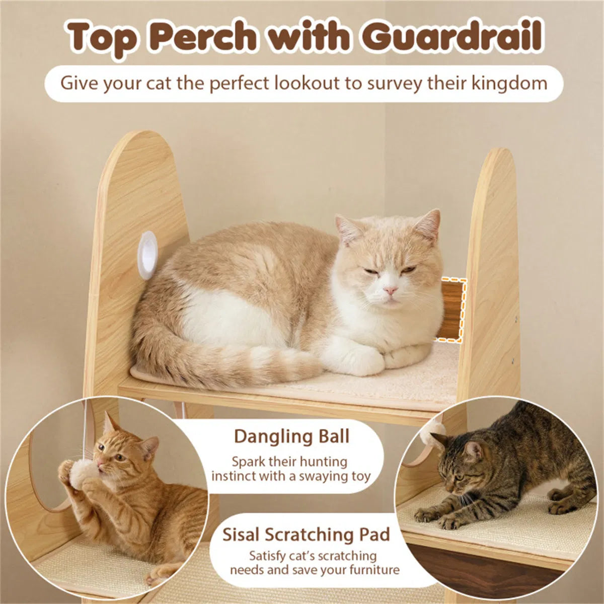 4-Tier Rocket Shape Cat Tree with 2-Tier Condo Sisal Scratch Pad Hanging Pompom Natural+White - view 7
