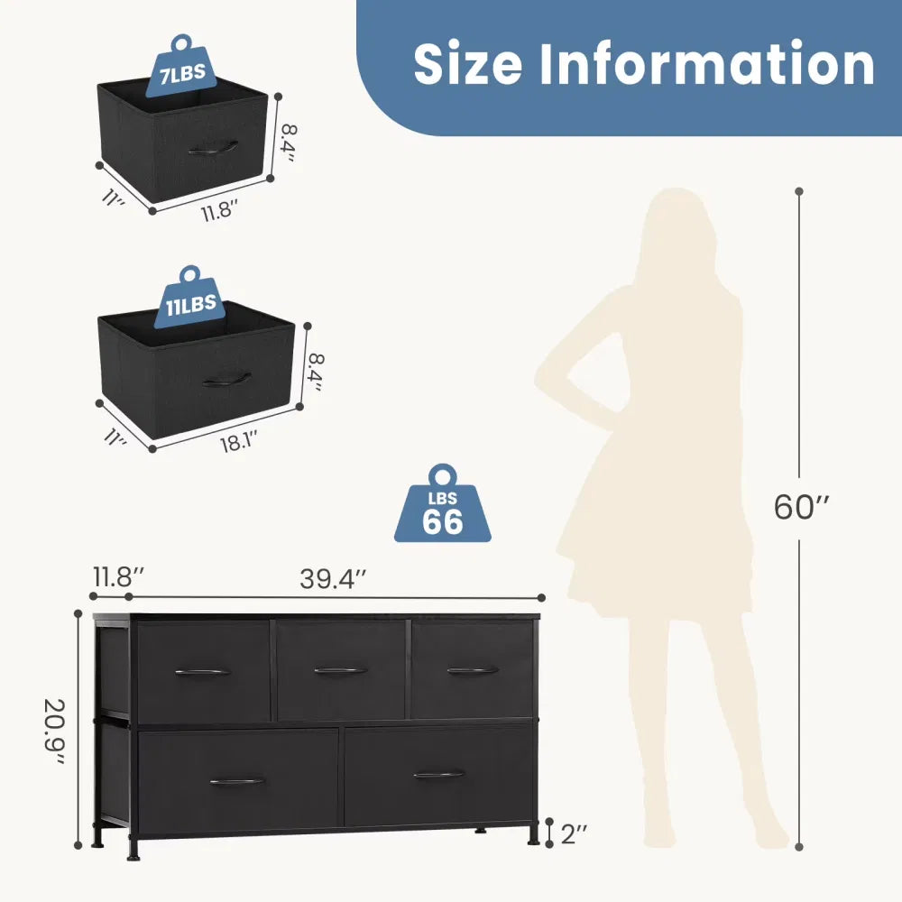 Dresser 5 FabricStorageDrawer Dresser, TV Stand, Chest of Drawers for Bedroom, Closet, Entryway, Living Room, Black - view 4