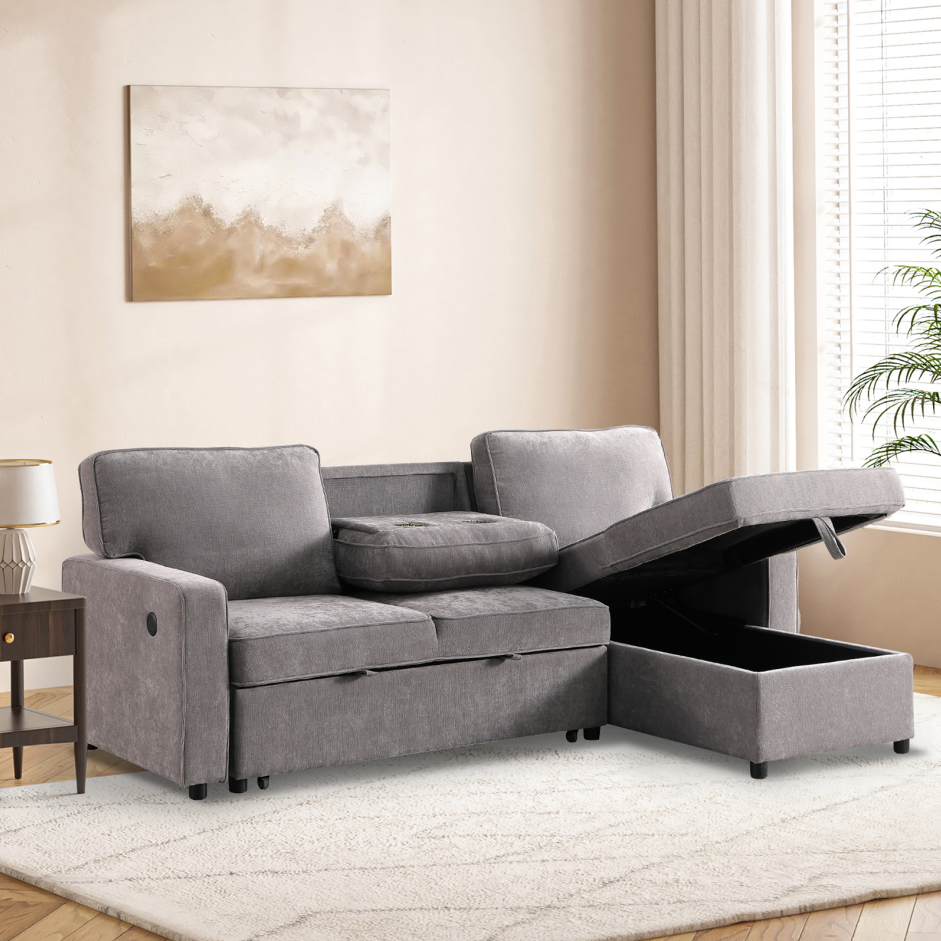 Upholstery Sleeper GREY Sectional Sofa With Storage Space, USB Port, 2 Cup Holders On Back Cushions - view 9