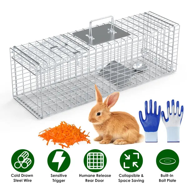 Live Animal Trap Cage 27x7.5x8in Folding Catch And Release Steel Humane Cat Trap For Racoons Stray Cats Rabbits Beavers