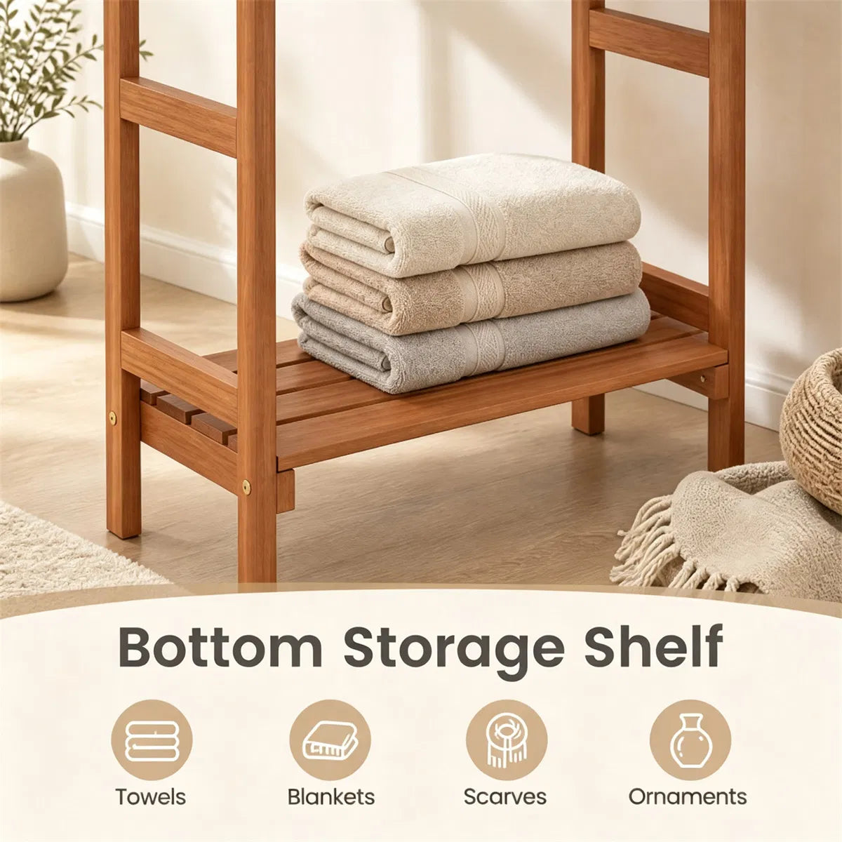 Natural Hardwood Towel Rack, Freestanding Blanket Stand with 3 Hanging Bars & Bottom Storage Shelf - view 4