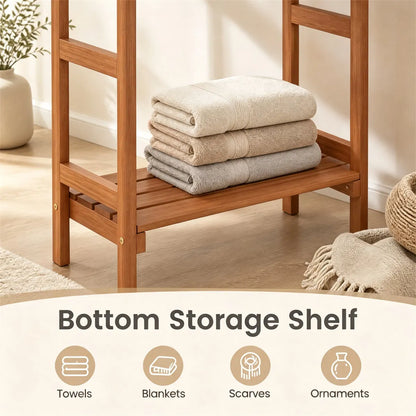 Natural Hardwood Towel Rack, Freestanding Blanket Stand with 3 Hanging Bars & Bottom Storage Shelf - view 4