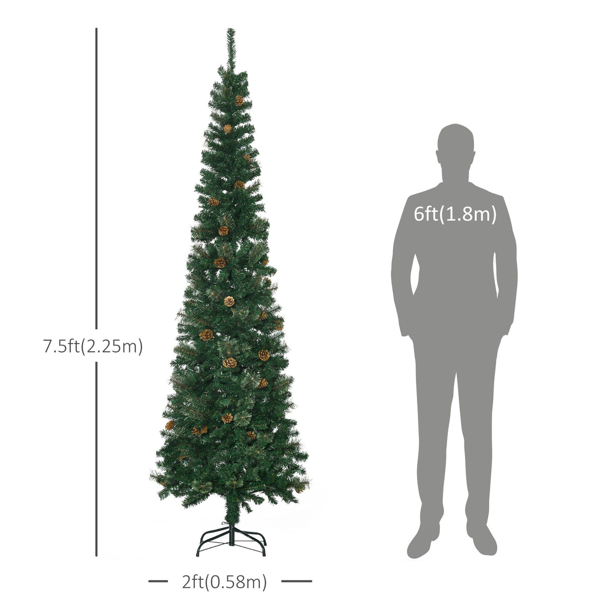 7.5ft Pencil Christmas Tree, Artificial Christmas With Pine Needles, Realistic Branches, Pine Cones, Metal Base, Green - view 3