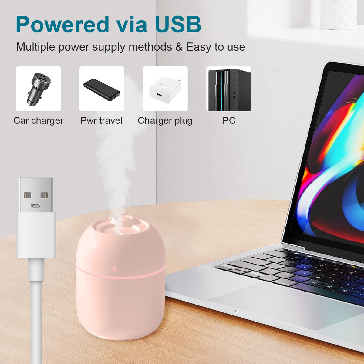 Portable Mini Humidifier, 220ml,Small Cool Mist Humidifier, USB Personal Desktop Humidifier For Bedroom Travel Office - view 3