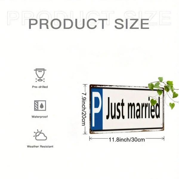 Retro Just Married 2D Flat Iron Sign, Vintage Handcrafted Metal Wall Decor Plaque, Creative Wedding Anniversary Gift