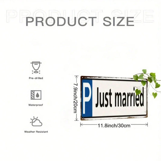 Retro Just Married 2D Flat Iron Sign, Vintage Handcrafted Metal Wall Decor Plaque, Creative Wedding Anniversary Gift