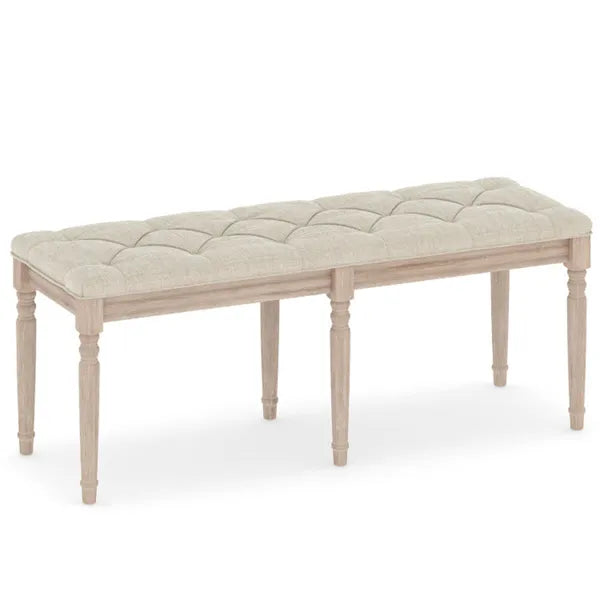 Beige 47.5" Rubber Wood Upholstered Bench With Button-Tufted Seat, 440 Lbs Capacity Retro Entryway Bedroom Bench