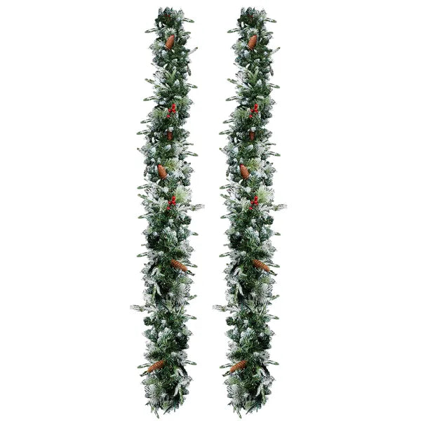 2 Pack 9FT Pre-lit Snow Flocked Christmas Garland, Lighted Artificial Xmas Garland With 200 Warm Lights And 440 Tips