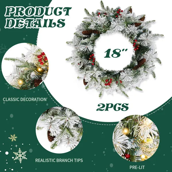 2 Pack 18in Pre-lit Snow Flocked Christmas Wreath, Lighted Artificial Xmas Wreath With 60 Warm Lights And 140 Tips - view 5