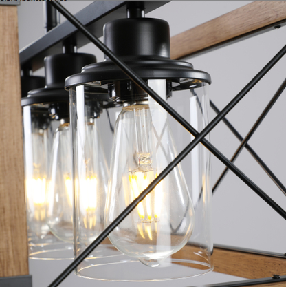 32 Inch Walnut Industrial Farmhouse Rectangle Pendant Light, 5-Light Chandelier With Lampshades For Dining Room - view 2