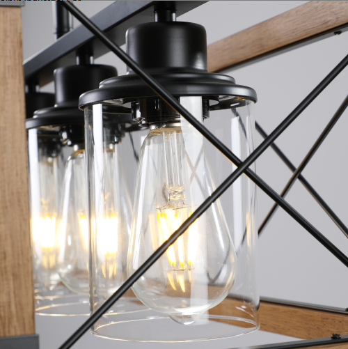 32 Inch Walnut Industrial Farmhouse Rectangle Pendant Light, 5-Light Chandelier With Lampshades For Dining Room - view 2