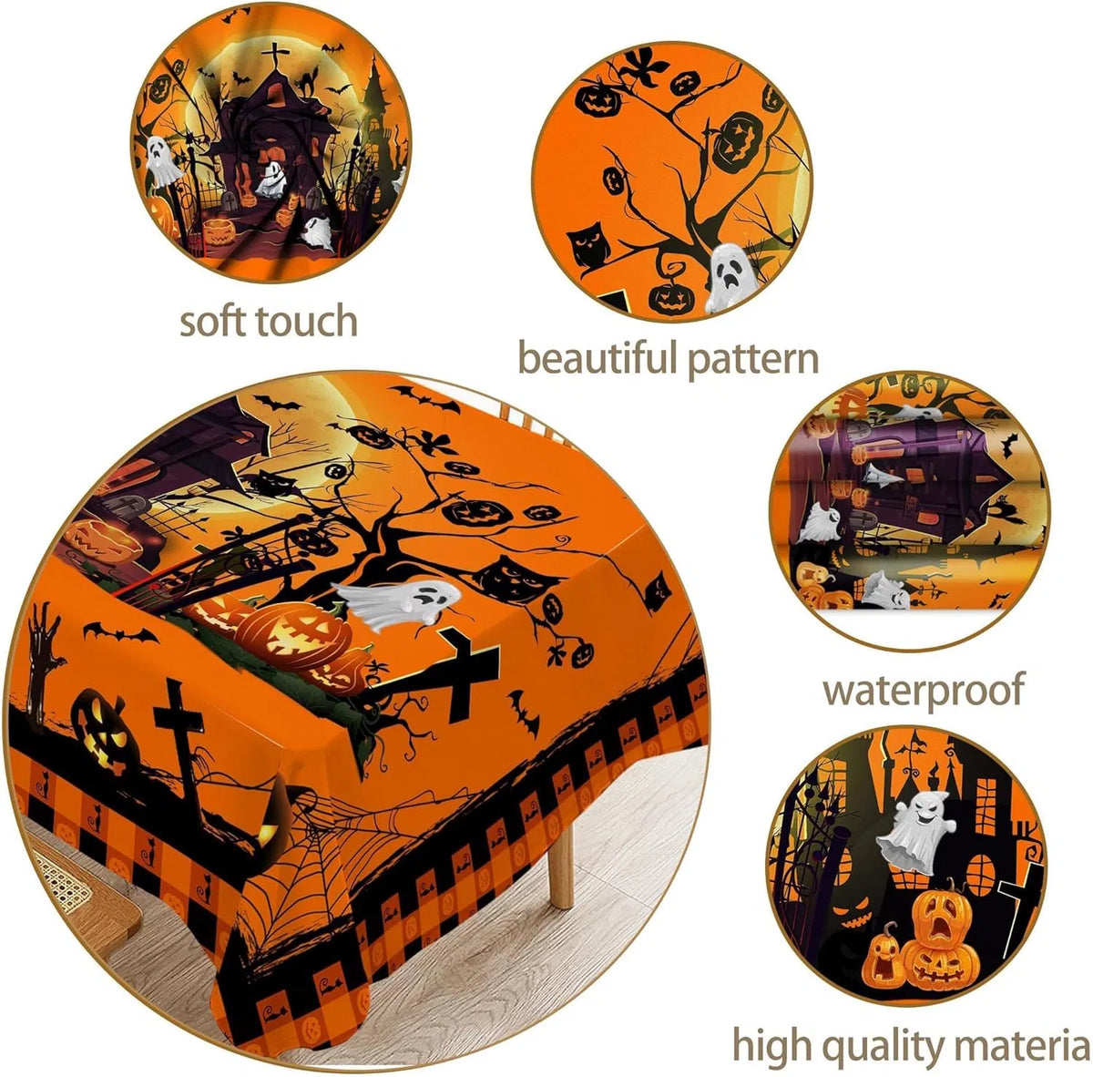 Hexagram Halloween Tablecloth Rectangle Pumpkin Tablecloths 60 x 84 inches Castle Ghost Table Cloth - view 2