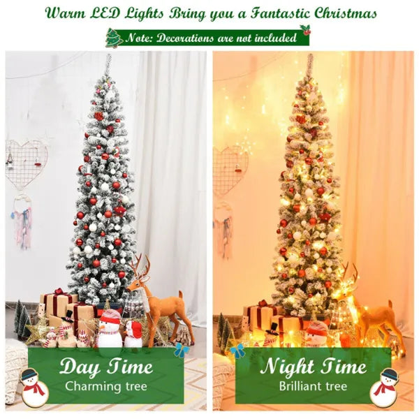 7.5ft Snow Flocked Pencil Christmas Tree - 641 Branch Tips, 350 Warm LED Lights, PVC+Metal - view 5