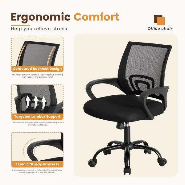 Ergonomic Office Desk Gaming Chair Mid Back With Lumbar Support Rocking Mode Height Adjustable With Fixed Armrest - view 9