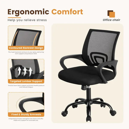 Ergonomic Office Desk Gaming Chair Mid Back With Lumbar Support Rocking Mode Height Adjustable With Fixed Armrest - view 9