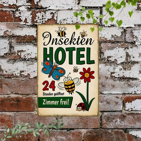 1pc Retro Insect Hotel Tin Sign, Vintage Cartoon Bug Butterfly Bee Metal Wall Art