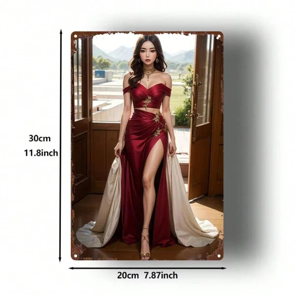 Vintage Tin Sign Elegant Red Dress Lady Metal Wall Art, Farmhouse Kitchen Cafe Decor - view 3