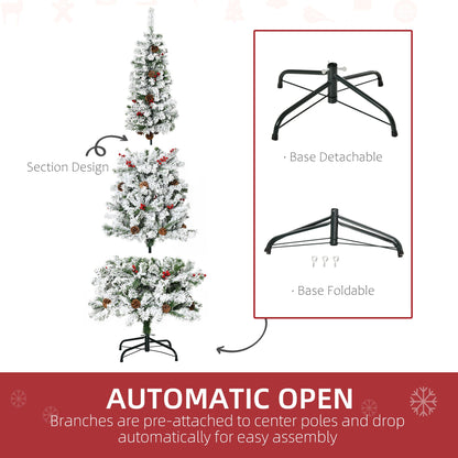 6 Foot Pencil Snow Flocked Artificial Christmas Tree With 600 Pine Realistic Branches, Pine Cones, Red Berries - view 3