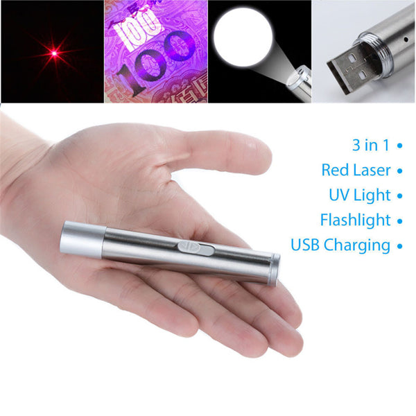 3 In1 1mw USB Rechargeable Pet Toy Pen Flashlight Red Laser Beam UV Light 3-Modes Lamp - view 3