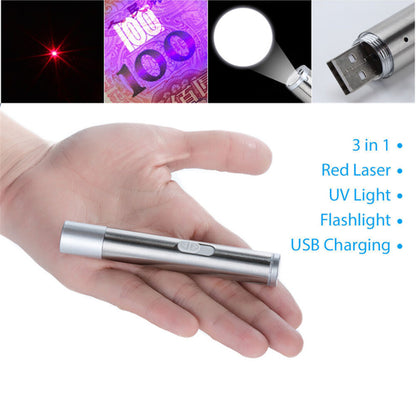 3 In1 1mw USB Rechargeable Pet Toy Pen Flashlight Red Laser Beam UV Light 3-Modes Lamp - view 3