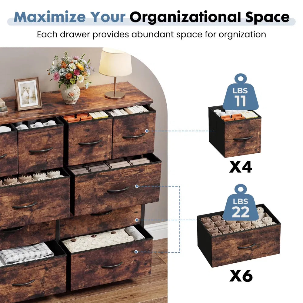 10-Drawer Fabric Dresser, LargeStorageTower for Bedroom, Closet, Living Room, Rustic Brown - view 2