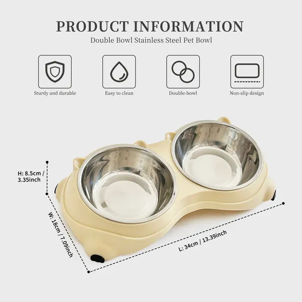 Anti Slip Base Double Cat Food Bowl, Yellow Stainless Steel Food And Water Bowl, Easy To Clean And Detachable Design
