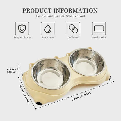 Anti Slip Base Double Cat Food Bowl, Yellow Stainless Steel Food And Water Bowl, Easy To Clean And Detachable Design