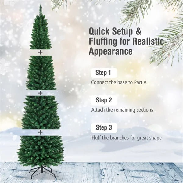 8ft Slim Pencil Christmas Tree - Space-Saving Design For Small Corners, 1000 Realistic PVC Branches With Flocked Finish - view 2