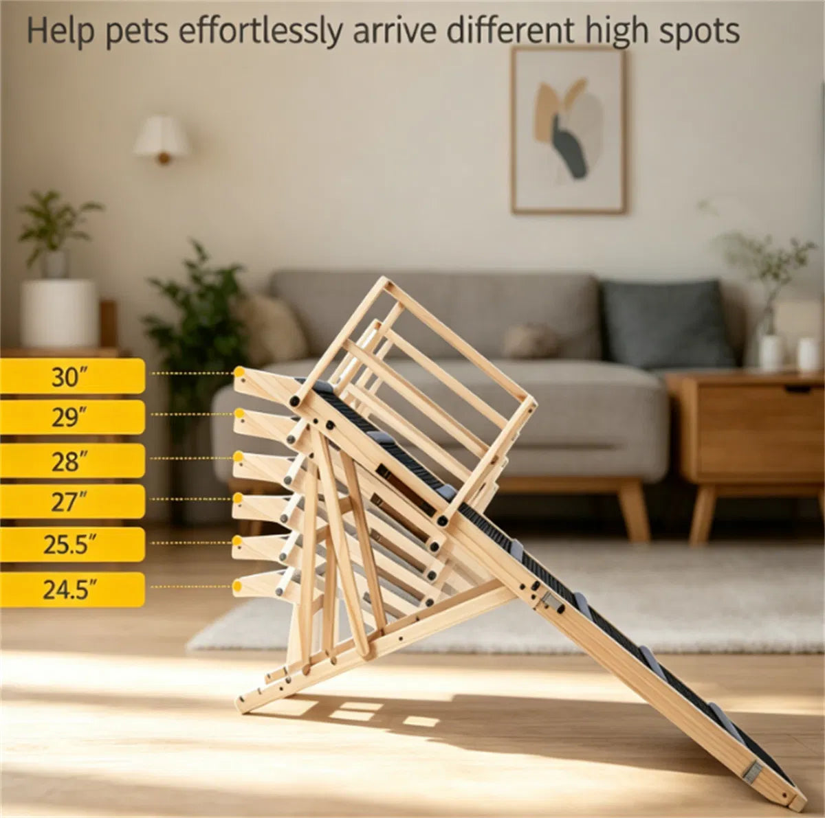 6-Level Adjustable Foldable Pet Ramp, Solid Pine Wood Non-Slip Dog Stairs with Side Rails - view 3