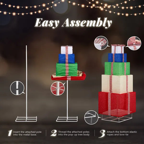 6FT Lighted Gift Box Tower, Pre-lit Pull Up Present Boxes with 200 LED Warm White Lights and Ropes Stakes for Christmas - view 6