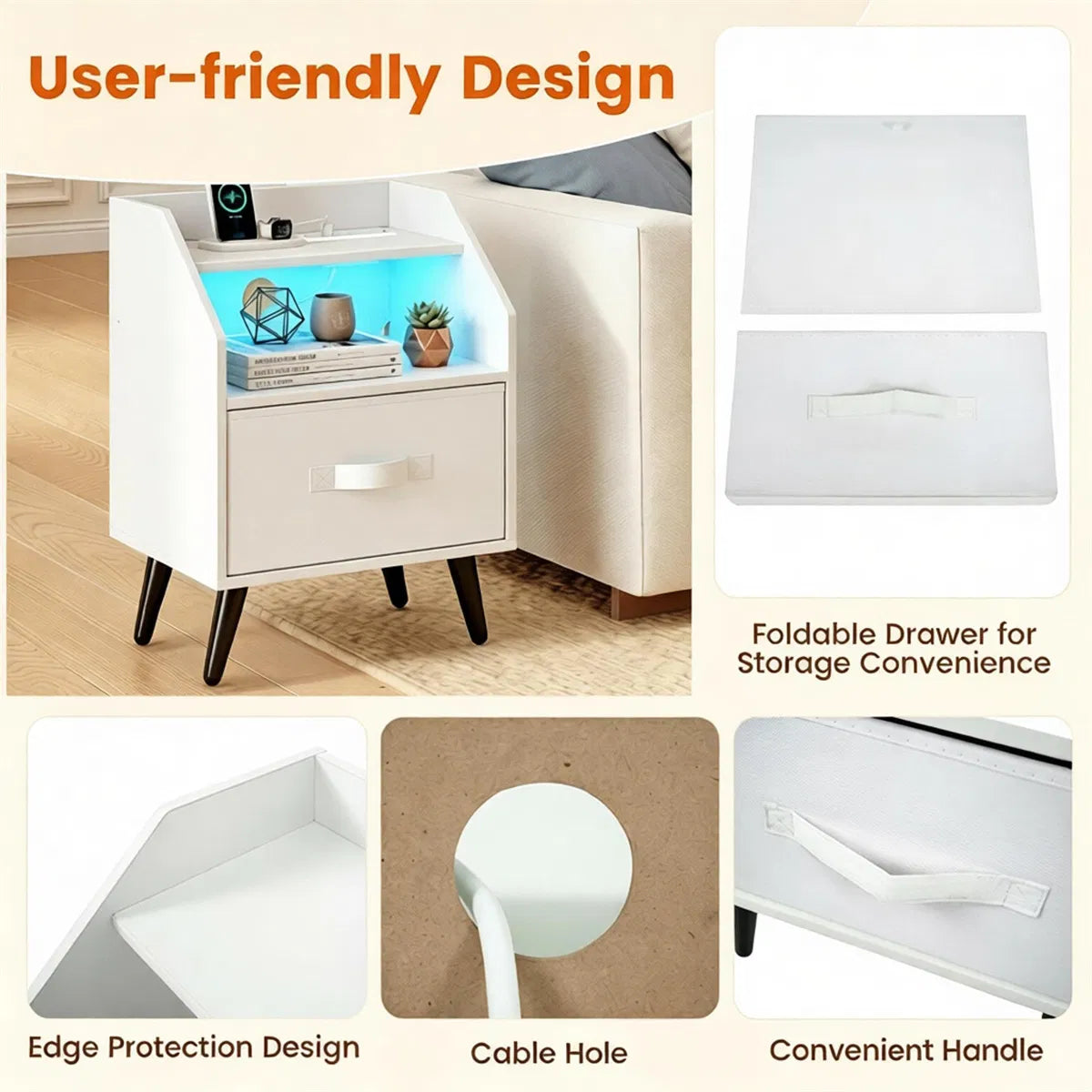 LED Nightstand with Charging Station, 16 Color RGB Remote Controlled Bedside Table with 2 AC Outlets USB Type-C Port - view 9