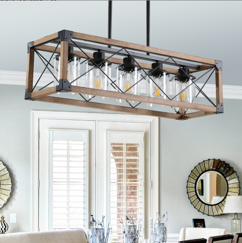 32 Inch Walnut Industrial Farmhouse Rectangle Pendant Light, 5-Light Chandelier With Lampshades For Dining Room - view 4