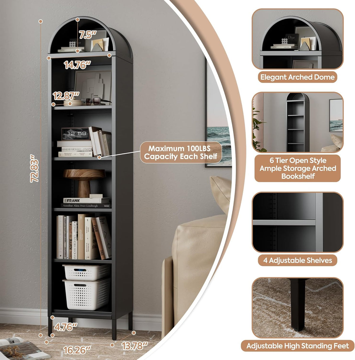 Narrow Arched Bookshelf,6-Tier Metal Arch Bookcase,Freestanding Storage Organizer With 4 Shelves - view 3
