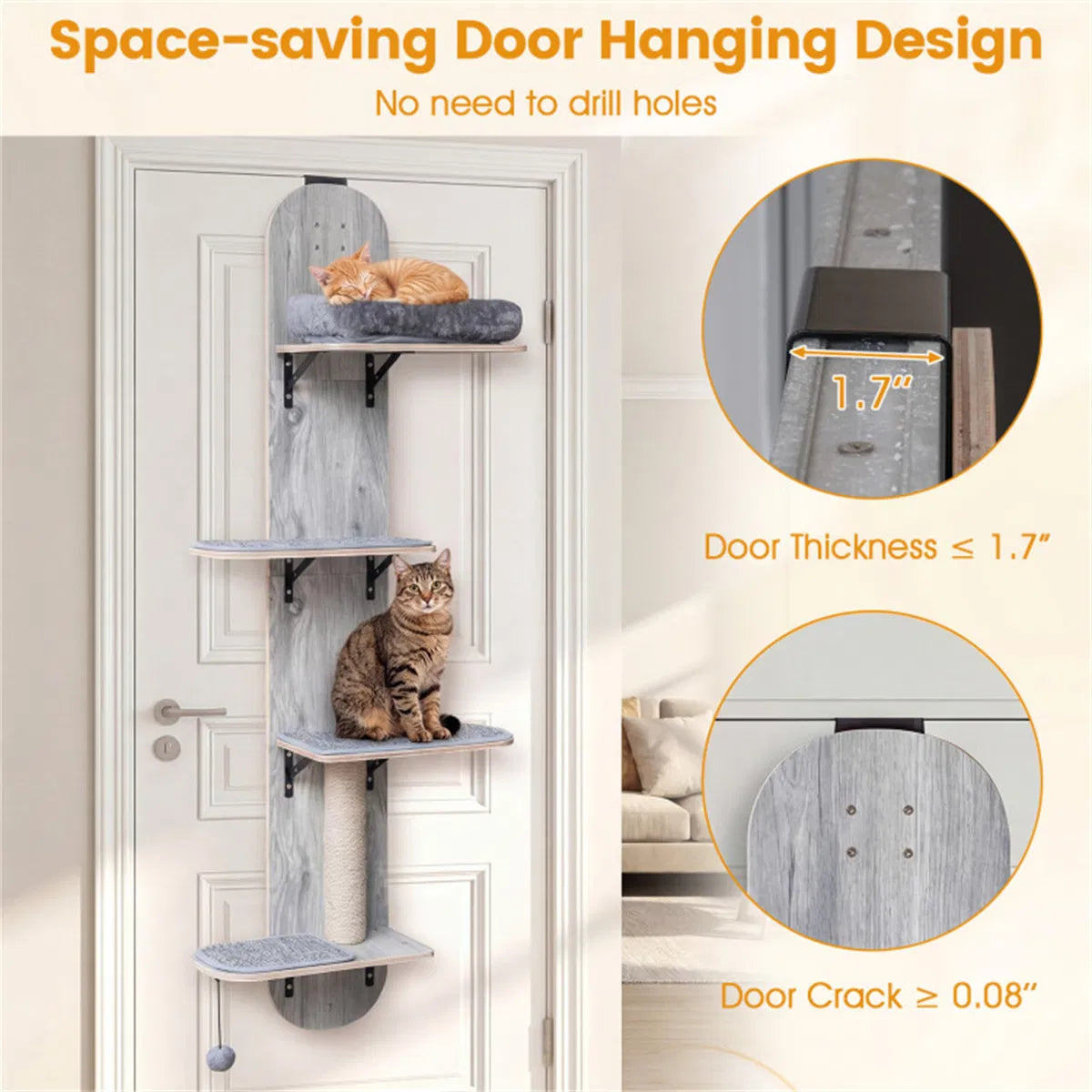 Door Hanging Cat Tree 5-Level Height Adjustable 4-Tier Climber No-Drill for Apartment Grey - view 6