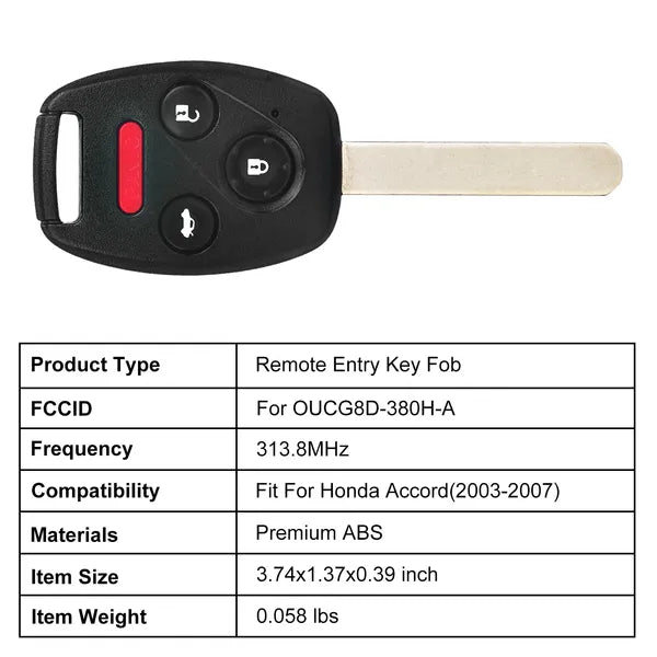 Fit For Honda Accord 2003-2007 Remote Keyless Entry Shell Button Car Key Fob Uncut Key Cover Case OUCG8D-380H-A FCCID - view 3