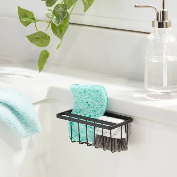 Small Steel Suction Sink Caddy With Rag Holder Black: Sponge Holder, Kitchen Storage, Matte Finish