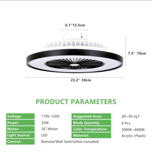 23 Inch Black Ceiling Fan Light With LED RGB Dimmable & Color-Changing, APP & Remote Control - view 3