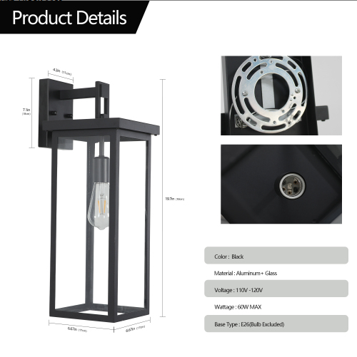 20inch Height Set Of 2 Modern Outdoor Wall Lanterns With Black Metal Frame And Clear Glass - view 5