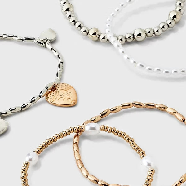 Heart Charm And Pearl Beaded Bracelet 5pc Set - Gold - view 3