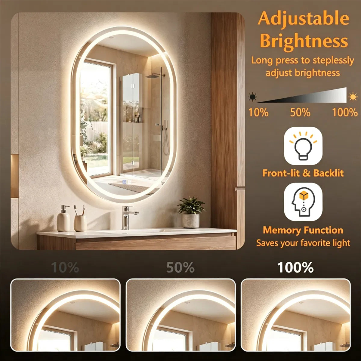 32x20" Oval LED Backlit Bathroom Mirror, 3 Color Temperatures Stepless Dimmable Vanity Mirror - view 6
