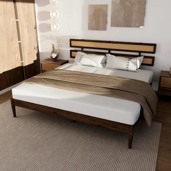 Dark walnut wood painted finish + rattan and pine wood double headboard King size bed, Bohemian style - view 5